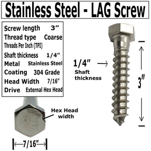 1/4" X 3" - 304 Grade Stainless Steel lag screws, Hex head fasteners, stainless steel screws