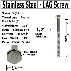 1/2" X 6" - 304 Grade Stainless Steel lag Screws, Hex Head Fasteners, Stainless Steel Screw