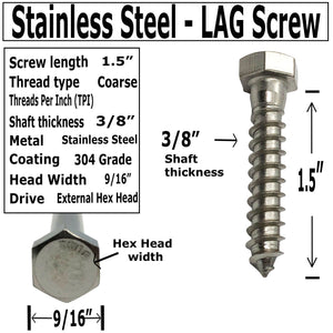 3/8" X 1.5" - 304 Grade Stainless Steel lag Screws, Hex Head Fasteners, Stainless Steel Screws