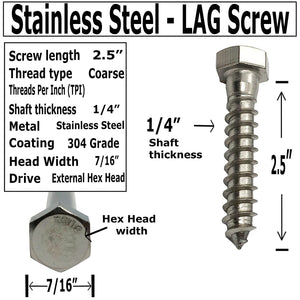1/4" x 2.5" 304 Grade Stainless Steel lag Screws, Hex Head Fasteners, Stainless Steel Screw. Use as Construction, Wood, Metal, lag Screw or mounting Screws Fasteners Lag Bolts