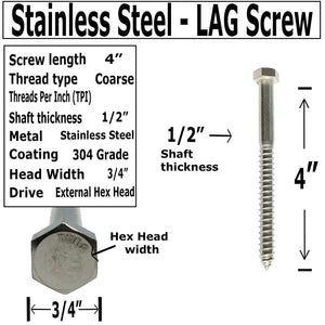 1/2" X 4" - 304 Grade Stainless Steel lag Screws, Hex Head Fasteners, Stainless Steel Screw