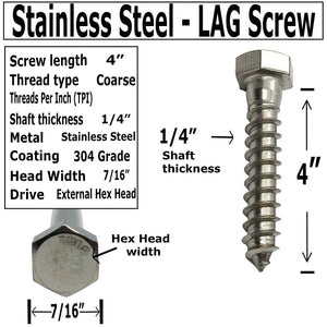 1/4" X 4" - 304 Grade Stainless Steel lag Screws, Hex Head Fasteners, Stainless Steel Screws