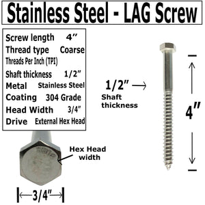 1/2" X 4" - 304 Grade Stainless Steel lag Screws, Hex Head Fasteners, Stainless Steel Screw