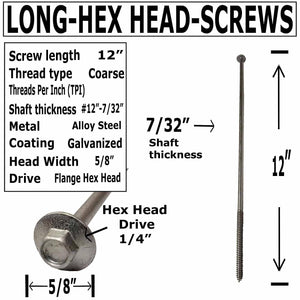 #12 x 12”- Extra Long Structural Lag Heavy Duty Construction Wood Screw – Galvanized Corrosion Resistant Coating Exterior Timber, Landscape - Flange Head – Qty