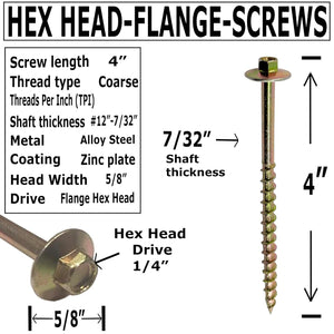 BRAUNY BOY - #12 x 4”- Structural Lag Heavy Duty Construction Wood Screw – Yellow Zinc Corrosion Resistant Coating Exterior Timber, Landscape - Easy HEX Head Drive – Flange Head 4 in - Qty