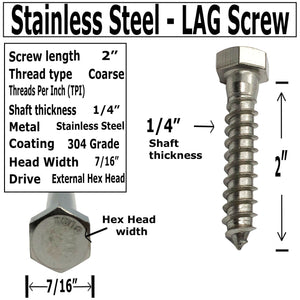 1/4" x 2" 304 Grade Stainless Steel lag screws, Hex head fasteners, stainless steel screws