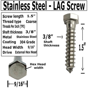 3/8" X 1.5" - 304 Grade Stainless Steel lag Screws, Hex Head Fasteners, Stainless Steel Screws
