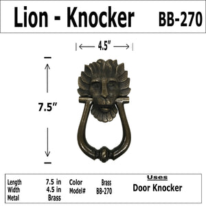 "7.5 - LION FLAMING MANE - Brass Iron Door Knocker - BB-270
