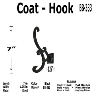 7" - Wrought Iron Ornate - Coat Hook - BB-333