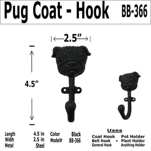 3.5" - Wrought Iron Pug Dog - Coat Hook - BB-366