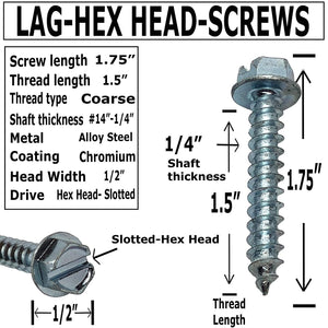 1.5" - #14 Lag Screw - Hex Head - Slotted Flange Head - Coarse Thread - Grade A-Zinc Coated 1-1/2 in x 1/4 in - Heavy Duty Wood Screw (200)