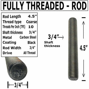 3/4" X 4.5" - Fully Threaded Rods - Black Stud - 10 TPI - B7 Grade - All Thread Rod