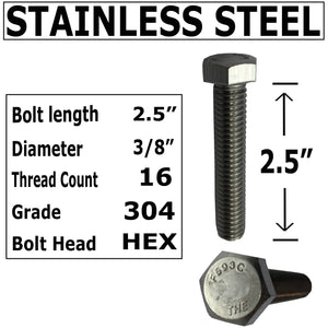 3/8" x 2.5" - Stainless Bolts - Nuts & Washers  + Bolt measuring Gauge