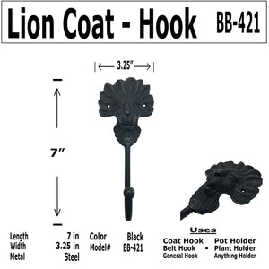 7" - LION - Coat Hook - BB-421 - For coat, bag, etc - Black Finish For interior & Exterior Designing
