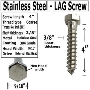3/8" X 4" - 304 Grade Stainless Steel lag Screws, Hex Head Fasteners, Stainless Steel Screw. Use as Construction, Wood, Metal, lag Screw or mounting Screws Fasteners lag Bolts. Heavy Duty Screws.