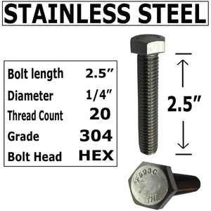 1/4" x 2.5" - 20. 304-STAINLESS STEEL - HEX HEAD BOLT - 304 GRADE. General Purpose - Hurricane Bolt