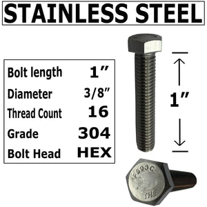 3/8" x 1" - 16. 304-STAINLESS STEEL - HEX HEAD BOLT - 304 GRADE. General Purpose - Hurricane Bolt (100)