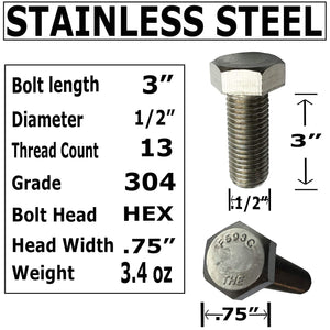 1/2" -13 x 3". 304-STAINLESS Steel Bolts, Nuts & WASHERS - 18-8 HEX Head Bolt - 304 Grade. General Purpose - Bolts + Nuts + Washers - 1/2 in x 3 in (100)
