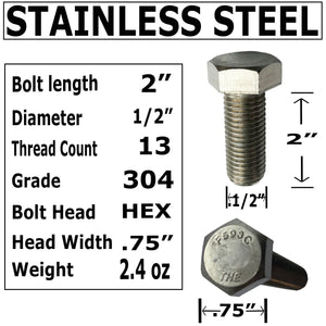 1/2" - 13 x 2" - 304-STAINLESS STEEL BOLTS, NUTS & WASHERS - 18-8 HEX HEAD Bolt - 304 Grade