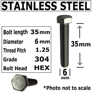 6mm x 35mm - 1.25 Pitch - 304 Stainless Steel Bolts+Nuts+Washers- A2-70, Full Thread, Bright Finish