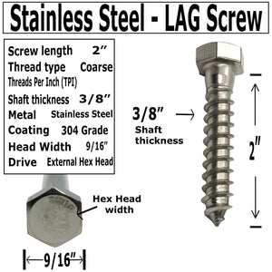 3/8" X 2" - 304 Grade Stainless Steel lag Screws, Hex Head Fasteners, Stainless Steel Screw. Use as Construction, Wood, Metal, lag Screw or mounting Screws Fasteners lag Bolts. Heavy Duty Screws.