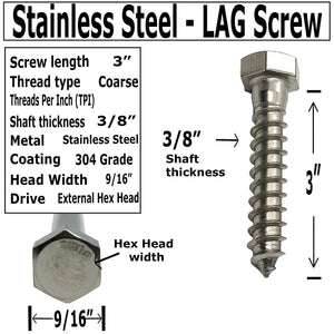 3/8" X 3" - 304 Grade Stainless Steel lag Screws, Hex Head Fasteners, Stainless Steel Screws