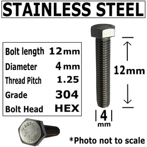 4mm x 12mm - 1.25 Pitch - 304 Stainless Steel Bolt - A2-70, Full Thread, Bright Finish, Machine Thread-Metric includes BOLTS + NUTS + WASHERS (20)