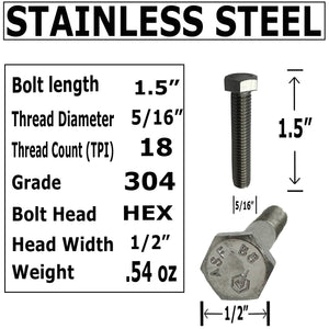 3/8" -16 x 1.5". 304-STAINLESS STEEL - 18-8 HEX HEAD BOLT - 304 Grade. General Purpose - Hurricane Bolt