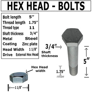 3/4" x 5" - Quality Grade 8 Steel - Hex Head Shear Bolt Screw - Partial Thread -