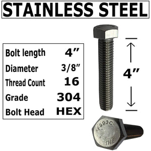 3/8" -16 x 4" - 304-STAINLESS STEEL BOLTS, NUTS & WASHERS - 18-8 HEX HEAD Bolt - 304 Grade. General Purpose (10) Bolts + (10) Nuts + (10) Washers