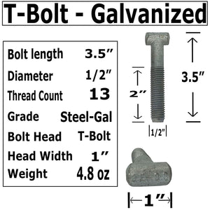 T-Bolts - 9/16" X 3.5" - Galvanized Swivel -Tbolt + Nuts, 1" Wide T-Head, 9/16 Thread x 2" Thread Length, Rust Resistant, Cargo Bolt