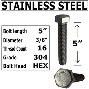 3/8" -16 x 5" - 304-STAINLESS STEEL - 18-8 HEX HEAD BOLT - 304 Grade. Rust resistant General Purpose