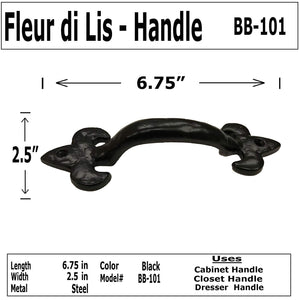 (1) 6.75" - Fleur di lis - Cabinet Knob Handle - For Gate, Drawer, Cabinet, Dresser - Black Wrought Iron Finish - BB-101 (1)