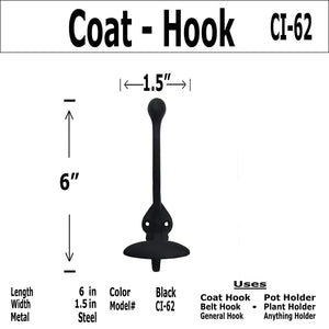 (2) 6" - Coat Hook - CICH-62 - For coats, bags, etc - Black Finish For interior & Exterior Designing