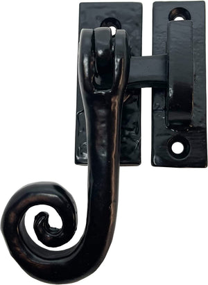 4" - Curly Tail Window Casement Fastener Latch - Antique Style Cabinet Latch, Doors, Closets- in Colonial Style in Vintage Black cast Iron – Monkey Tail Latch with Mortice & Hook Plate - DS140