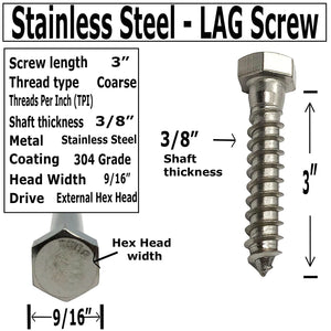 3/8" X 3" - 304 Grade Stainless Steel lag Screws, Hex Head Fasteners, Stainless Steel Screw. Use as Construction, Wood, Metal, lag Screw or mounting Screws Fasteners lag Bolts. Heavy Duty Screws.