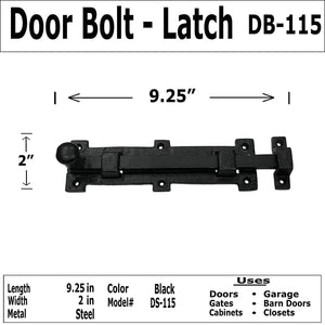 (1) - 9" Black Slide Door Bolt Latches - DB-115 Antique Style Door Bolt Latch for Gates, Doors, Closet, Cabinet, Sliding Barn & Shed Doors - in Vintage Black cast Iron