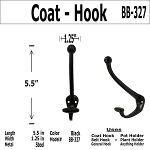 5.5" Coat Hook - BB-327 - For coats, bags, hand towel etc - Black Finish For interior & Exterior Designing Wrought Iron Coat Hook