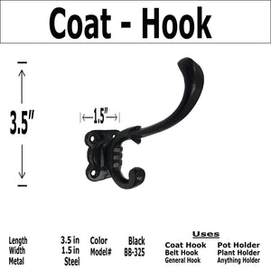 (1) 3.25" Classic Coat Hook - BB-325 - For coats, bags, etc - Black Finish Wrought Iron Coat Hook