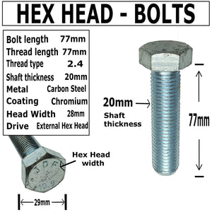 20mm x 77mm - Hex Head Full Thread Bolt -11 TPI - 10.9 Grade High Strength Metric Bolt