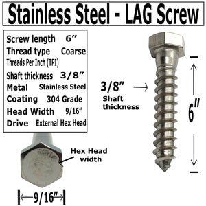 3/8" X 6" - 304 Grade Stainless Steel lag Screws, Hex Head Fasteners, Stainless Steel Screws