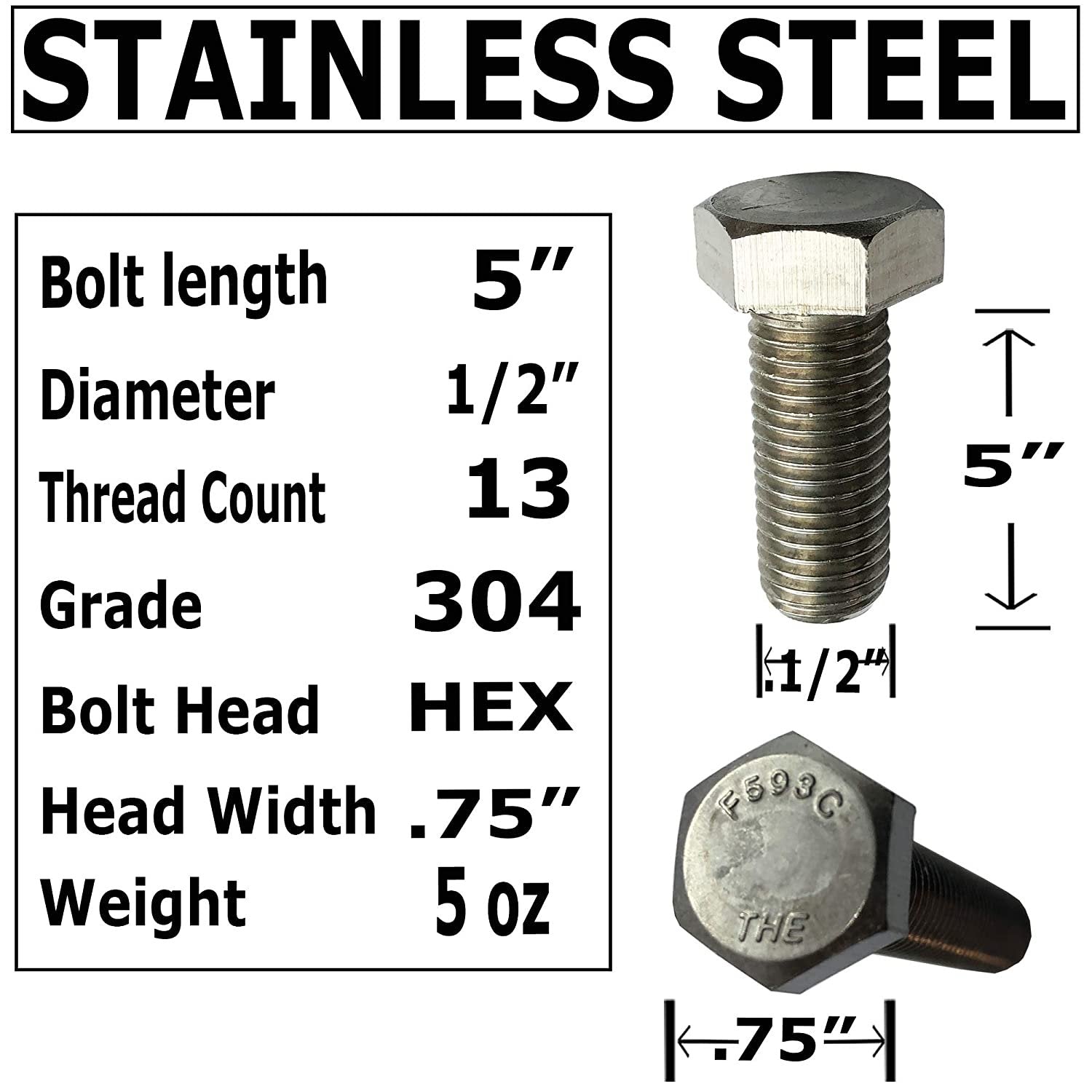 1/2 X 5 Inch 304 Stainless Steel Bolts With Nuts & Washers - 18-8 Hex Head Full Thread Tap Bolts (10 Pack)