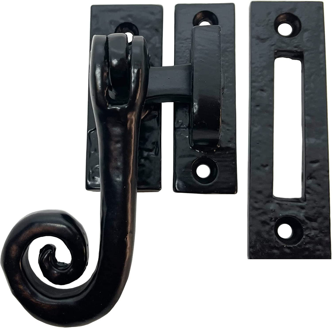 4" - Curly Tail Window Casement Fastener Latch - Antique Style Cabinet Latch, Doors, Closets- in Colonial Style in Vintage Black cast Iron – Monkey Tail Latch with Mortice & Hook Plate - DS140