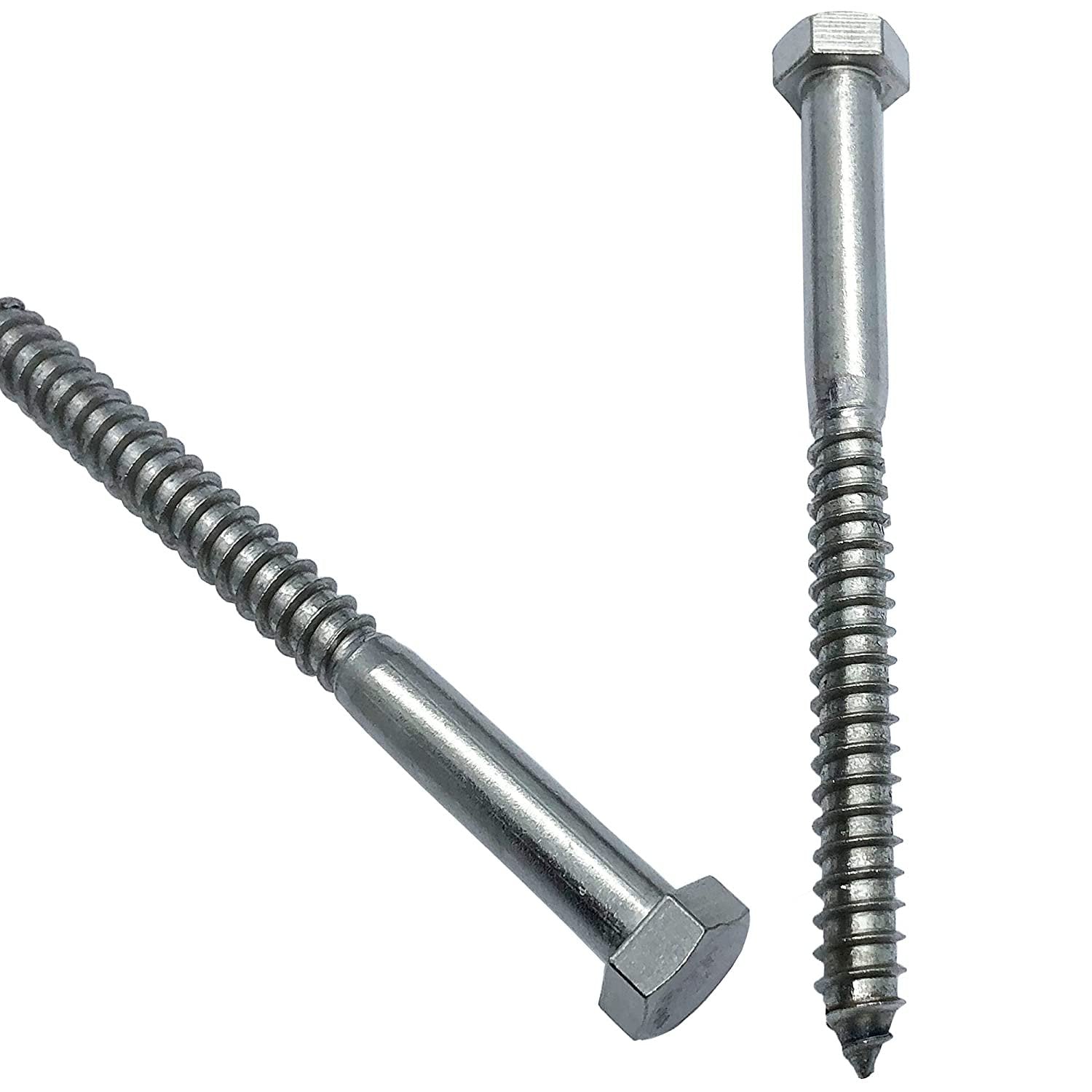 3/8 x 6 - 304 Grade Stainless Steel Lag Screws, Hex Head Fasteners, Stainless Steel Screw. Use As Construction, Wood, Metal, Lag Screw or Mounting
